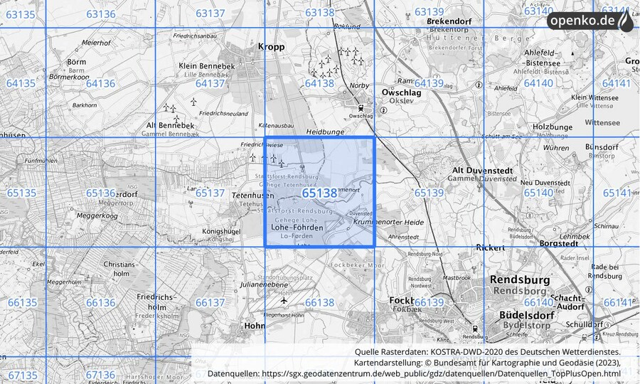 Übersichtskarte des KOSTRA-DWD-2020-Rasterfeldes Nr. 65138