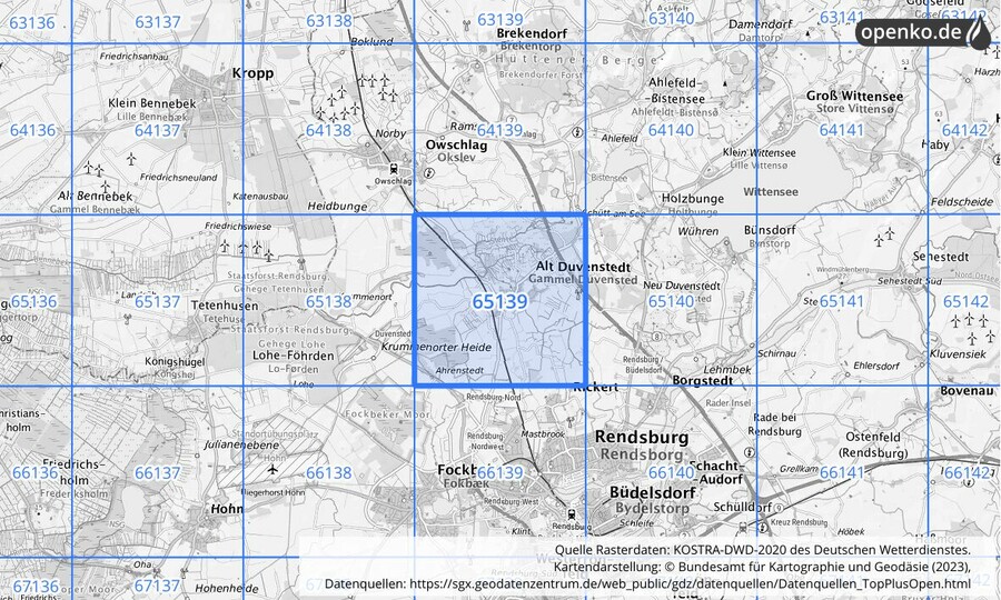 Übersichtskarte des KOSTRA-DWD-2020-Rasterfeldes Nr. 65139