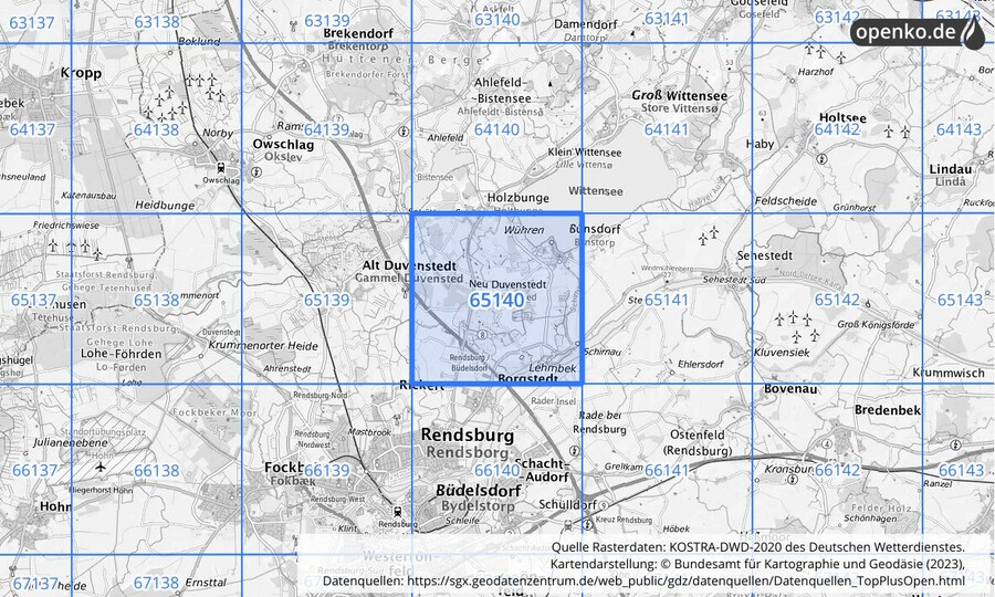 Übersichtskarte des KOSTRA-DWD-2020-Rasterfeldes Nr. 65140