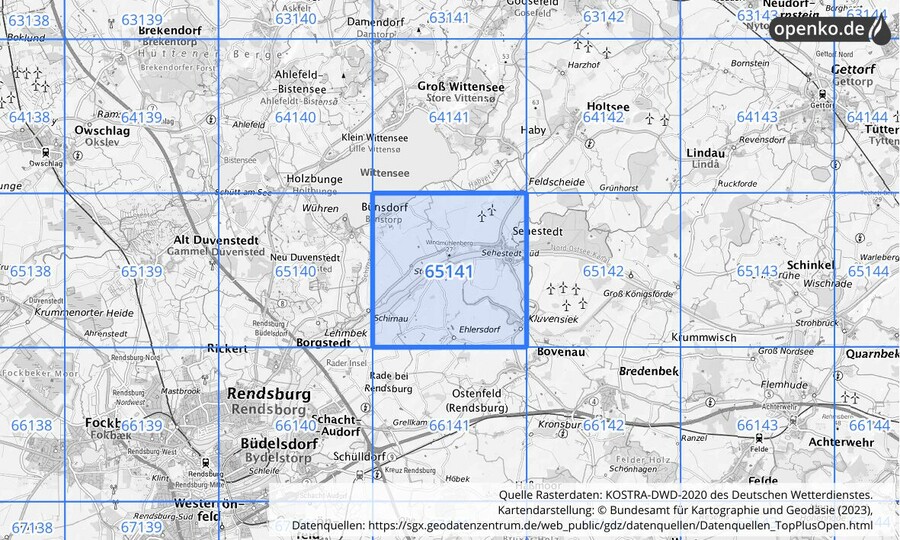 Übersichtskarte des KOSTRA-DWD-2020-Rasterfeldes Nr. 65141