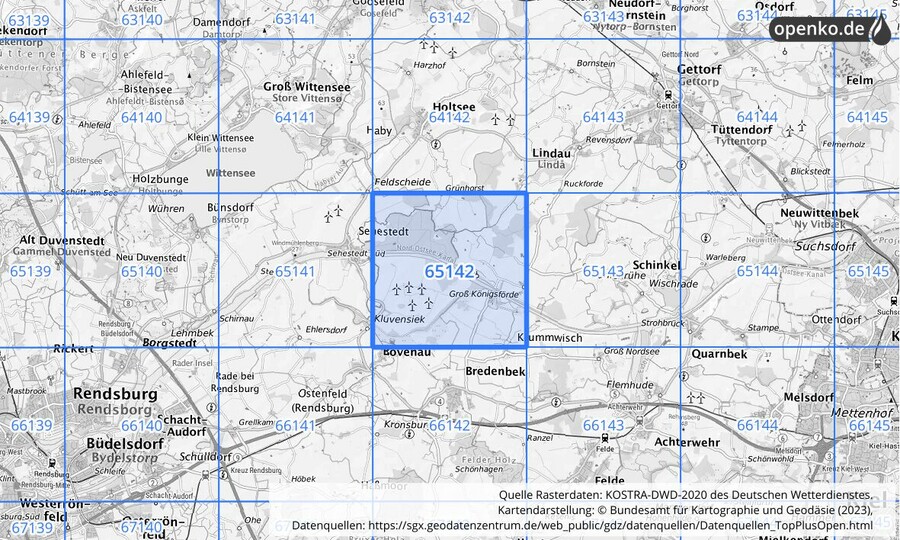 Übersichtskarte des KOSTRA-DWD-2020-Rasterfeldes Nr. 65142