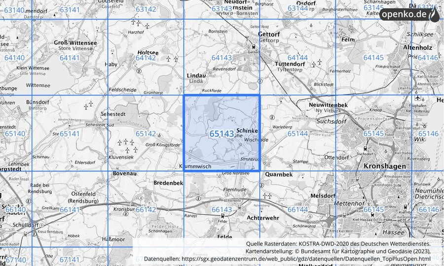 Übersichtskarte des KOSTRA-DWD-2020-Rasterfeldes Nr. 65143