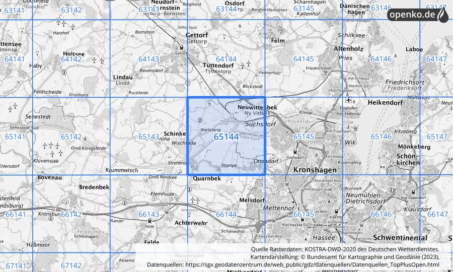 Übersichtskarte des KOSTRA-DWD-2020-Rasterfeldes Nr. 65144