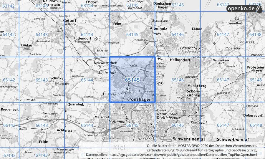 Übersichtskarte des KOSTRA-DWD-2020-Rasterfeldes Nr. 65145