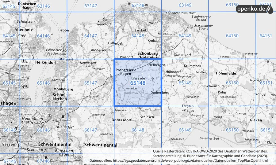 Übersichtskarte des KOSTRA-DWD-2020-Rasterfeldes Nr. 65148