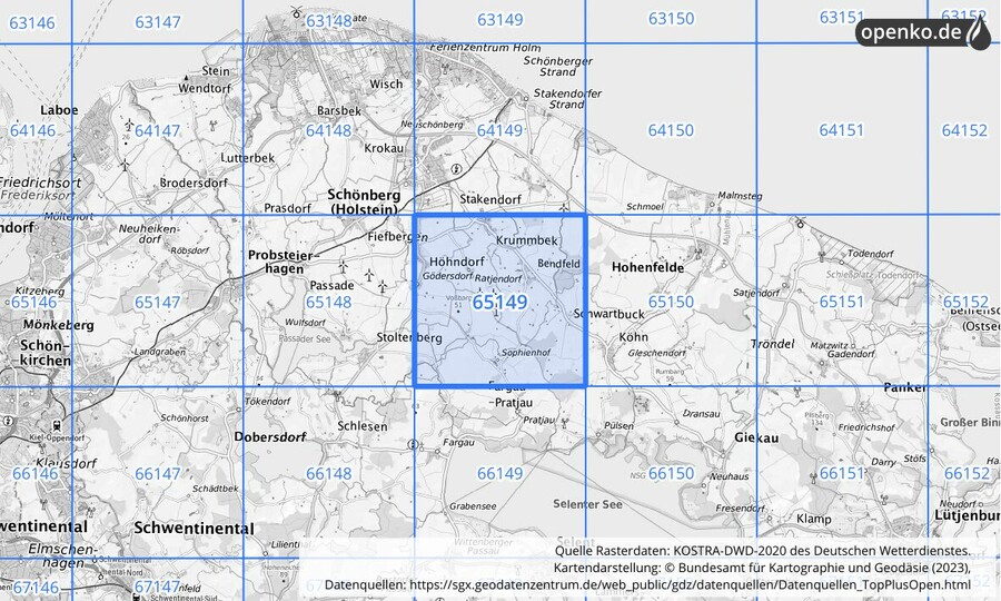 Übersichtskarte des KOSTRA-DWD-2020-Rasterfeldes Nr. 65149