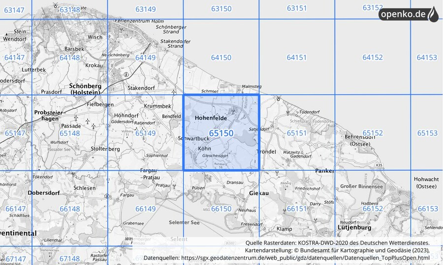 Übersichtskarte des KOSTRA-DWD-2020-Rasterfeldes Nr. 65150