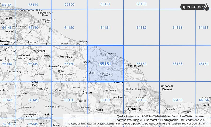 Übersichtskarte des KOSTRA-DWD-2020-Rasterfeldes Nr. 65151