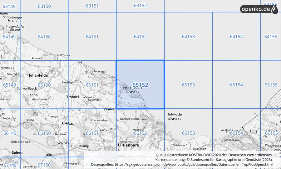 Übersichtskarte des KOSTRA-DWD-2020-Rasterfeldes Nr. 65152