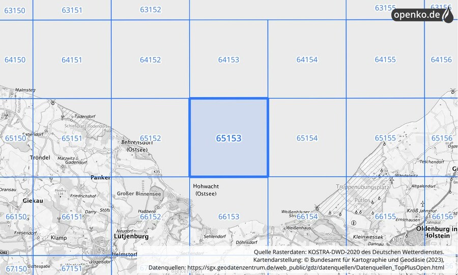 Übersichtskarte des KOSTRA-DWD-2020-Rasterfeldes Nr. 65153