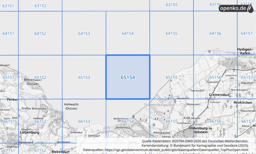 Übersichtskarte des KOSTRA-DWD-2020-Rasterfeldes Nr. 65154