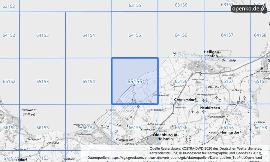 Übersichtskarte des KOSTRA-DWD-2020-Rasterfeldes Nr. 65155