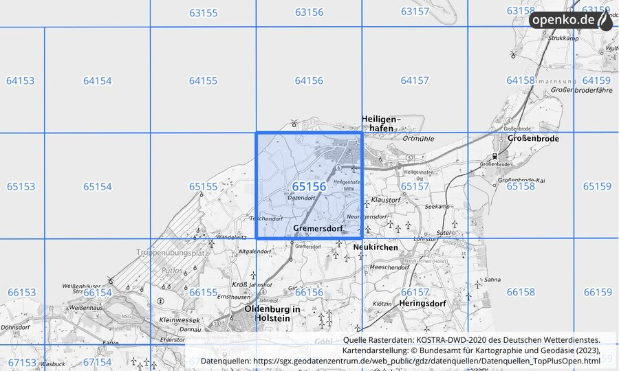 Übersichtskarte des KOSTRA-DWD-2020-Rasterfeldes Nr. 65156