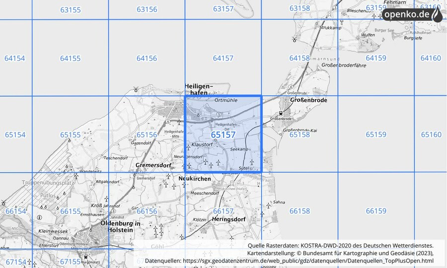 Übersichtskarte des KOSTRA-DWD-2020-Rasterfeldes Nr. 65157