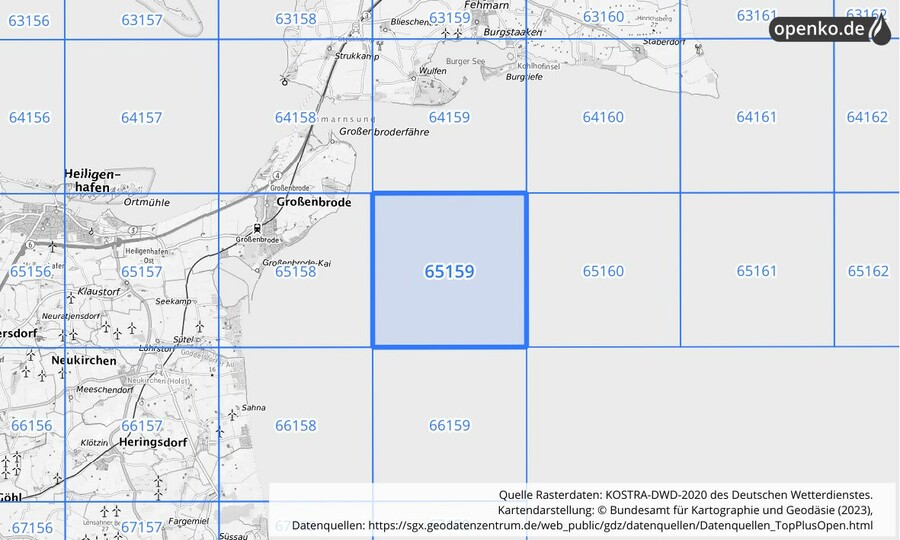 Übersichtskarte des KOSTRA-DWD-2020-Rasterfeldes Nr. 65159