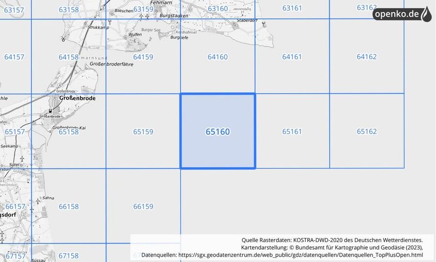 Übersichtskarte des KOSTRA-DWD-2020-Rasterfeldes Nr. 65160