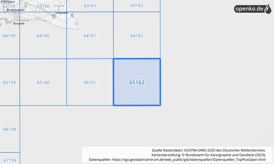 Übersichtskarte des KOSTRA-DWD-2020-Rasterfeldes Nr. 65162