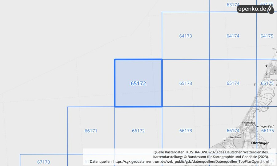 Übersichtskarte des KOSTRA-DWD-2020-Rasterfeldes Nr. 65172