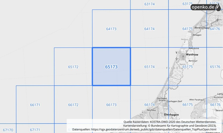 Übersichtskarte des KOSTRA-DWD-2020-Rasterfeldes Nr. 65173