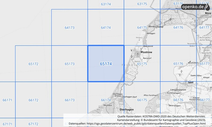 Übersichtskarte des KOSTRA-DWD-2020-Rasterfeldes Nr. 65174