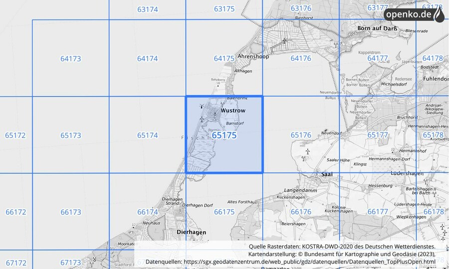 Übersichtskarte des KOSTRA-DWD-2020-Rasterfeldes Nr. 65175