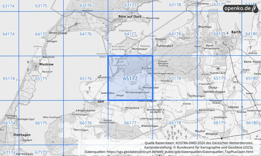 Übersichtskarte des KOSTRA-DWD-2020-Rasterfeldes Nr. 65177