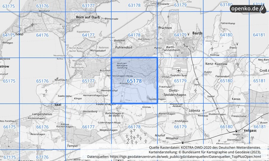 Übersichtskarte des KOSTRA-DWD-2020-Rasterfeldes Nr. 65178