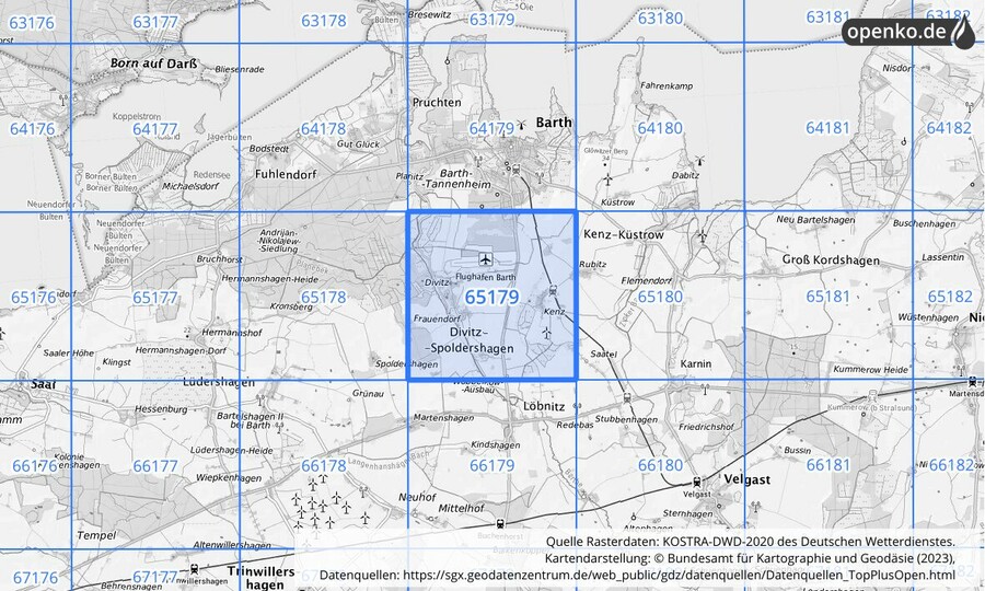 Übersichtskarte des KOSTRA-DWD-2020-Rasterfeldes Nr. 65179