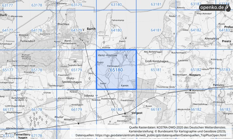 Übersichtskarte des KOSTRA-DWD-2020-Rasterfeldes Nr. 65180