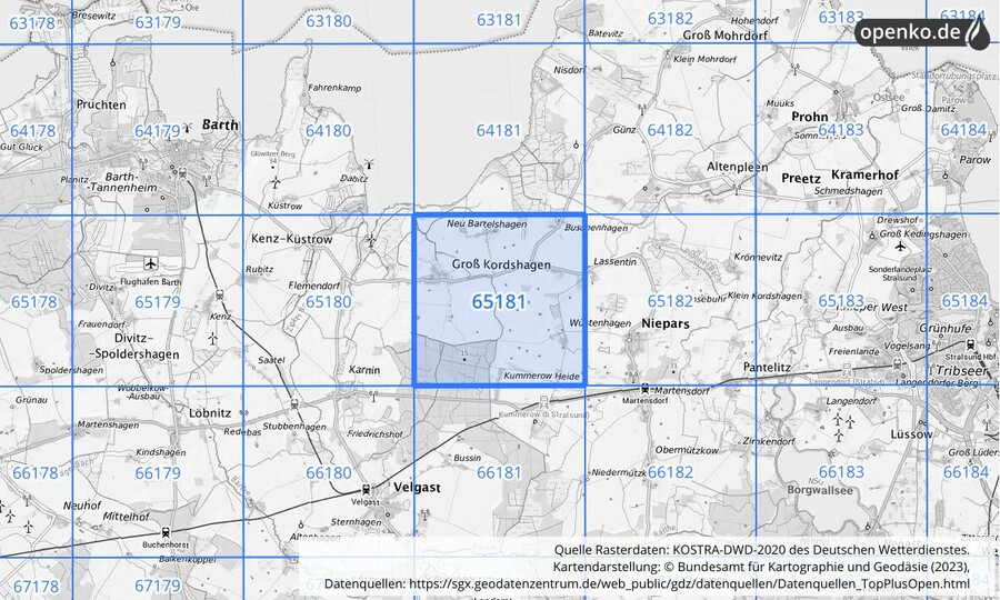 Übersichtskarte des KOSTRA-DWD-2020-Rasterfeldes Nr. 65181
