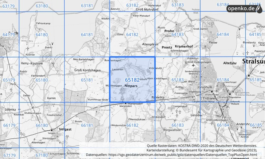 Übersichtskarte des KOSTRA-DWD-2020-Rasterfeldes Nr. 65182