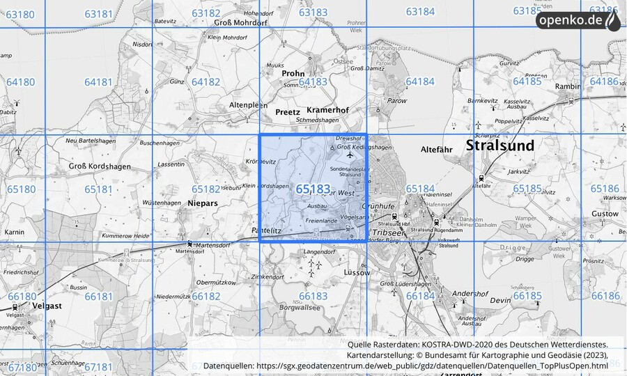 Übersichtskarte des KOSTRA-DWD-2020-Rasterfeldes Nr. 65183