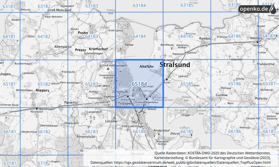 Übersichtskarte des KOSTRA-DWD-2020-Rasterfeldes Nr. 65184