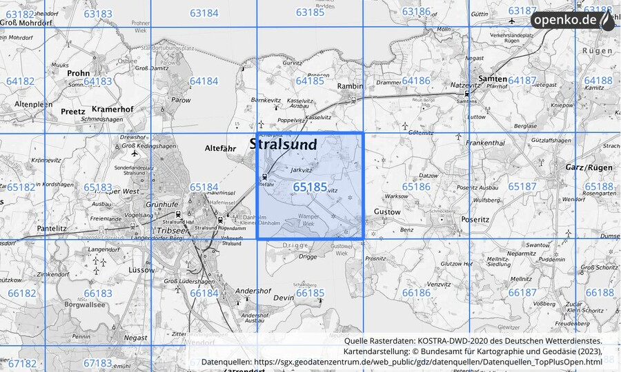 Übersichtskarte des KOSTRA-DWD-2020-Rasterfeldes Nr. 65185