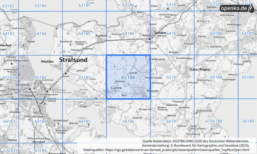 Übersichtskarte des KOSTRA-DWD-2020-Rasterfeldes Nr. 65186