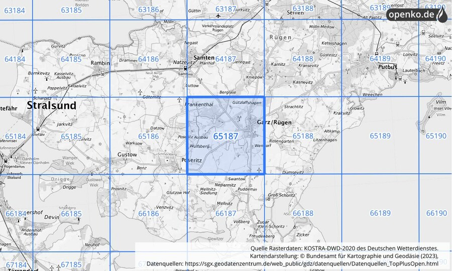 Übersichtskarte des KOSTRA-DWD-2020-Rasterfeldes Nr. 65187