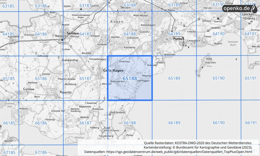 Übersichtskarte des KOSTRA-DWD-2020-Rasterfeldes Nr. 65188