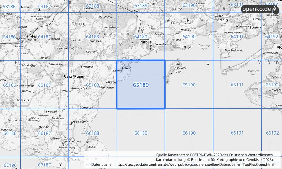 Übersichtskarte des KOSTRA-DWD-2020-Rasterfeldes Nr. 65189