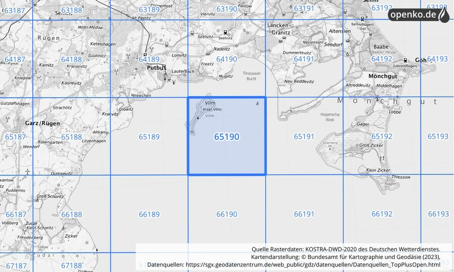 Übersichtskarte des KOSTRA-DWD-2020-Rasterfeldes Nr. 65190