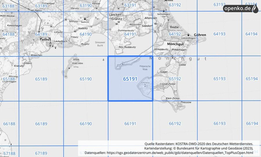 Übersichtskarte des KOSTRA-DWD-2020-Rasterfeldes Nr. 65191