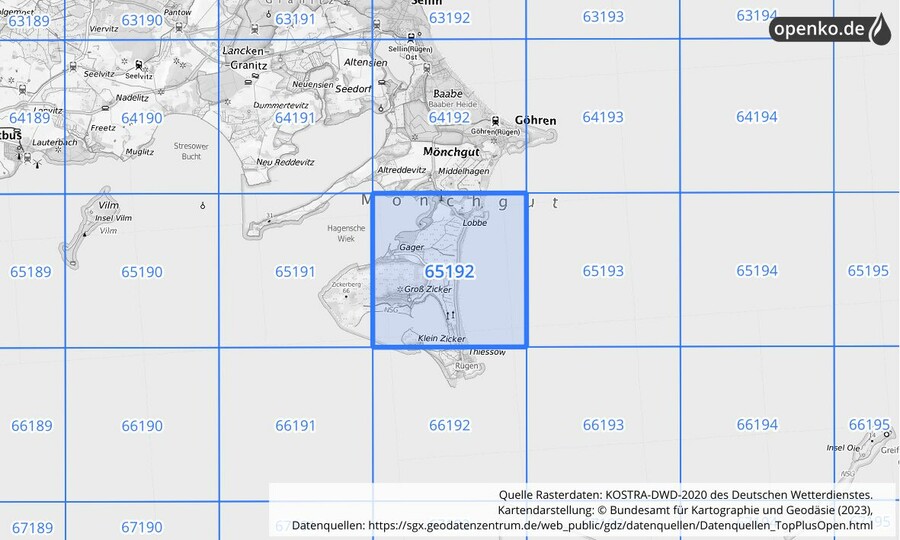 Übersichtskarte des KOSTRA-DWD-2020-Rasterfeldes Nr. 65192