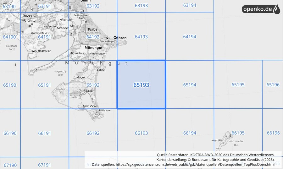Übersichtskarte des KOSTRA-DWD-2020-Rasterfeldes Nr. 65193
