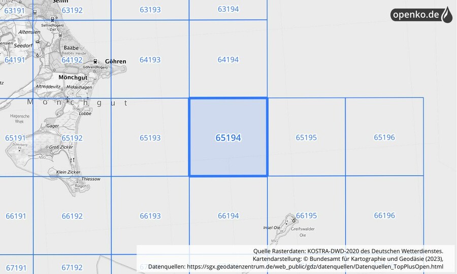 Übersichtskarte des KOSTRA-DWD-2020-Rasterfeldes Nr. 65194