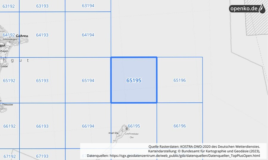 Übersichtskarte des KOSTRA-DWD-2020-Rasterfeldes Nr. 65195