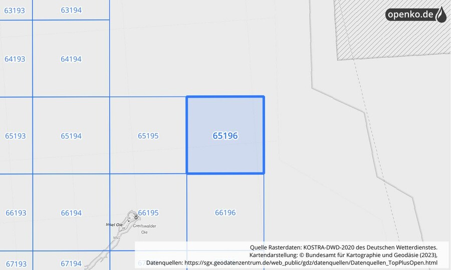 Übersichtskarte des KOSTRA-DWD-2020-Rasterfeldes Nr. 65196