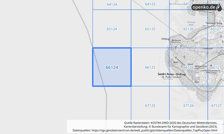 Übersichtskarte des KOSTRA-DWD-2020-Rasterfeldes Nr. 66124