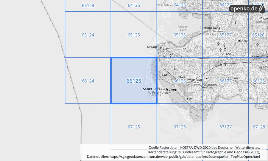 Übersichtskarte des KOSTRA-DWD-2020-Rasterfeldes Nr. 66125