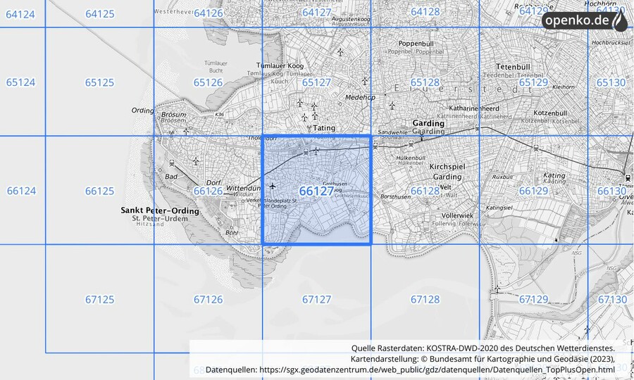 Übersichtskarte des KOSTRA-DWD-2020-Rasterfeldes Nr. 66127