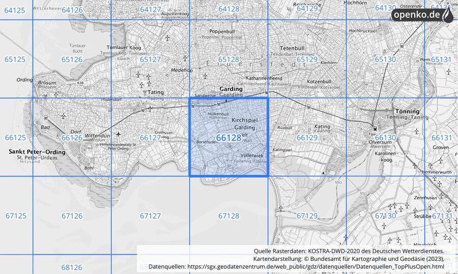 Übersichtskarte des KOSTRA-DWD-2020-Rasterfeldes Nr. 66128