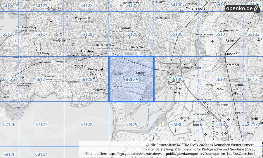 Übersichtskarte des KOSTRA-DWD-2020-Rasterfeldes Nr. 66129